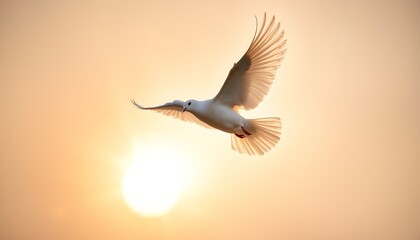 Fototapeta premium A white dove in mid-flight, wings spread wide against a stunning sunburst background.