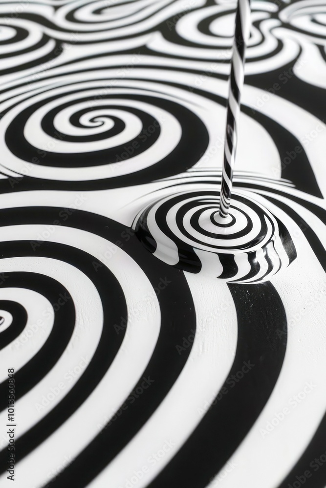 Poster black and white spiral pattern with a vertical striped object