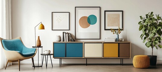 Modern Mid-Century Living Room Interior Design with Colorful Cabinet