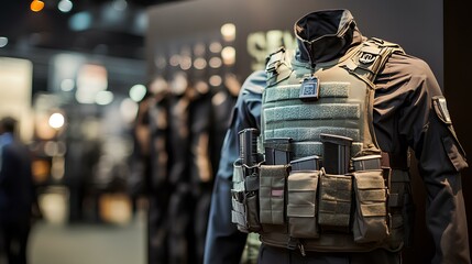 A tactical vest displayed in a modern exhibition, featuring various pockets and attachments, emphasizing military and law enforcement gear.