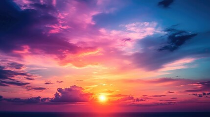 A stunning sunset background with warm tones of orange, pink, and purple, fading into the horizon, creating a peaceful and beautiful atmosphere