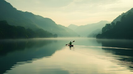 A serene lakeside scene with a lone kayaker paddling through calm water, surrounded by misty mountains under a soft, hazy sky.