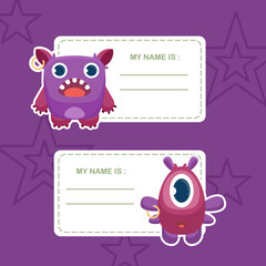 Name Tag with purple Funny Monster Character with Friendly Face