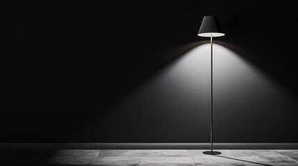 A solitary floor lamp switched on, casting a soft glow in an otherwise pitch-black room. Emphasize light and shadow play in the minimalist setting
