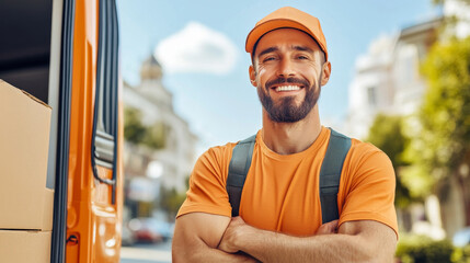 A smiling delivery man in an orange uniform stands confidently with his arms crossed, showcasing friendly demeanor against sunny backdrop