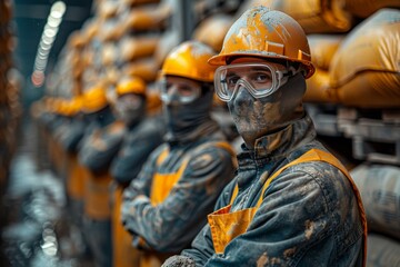 Cement factory workers in protective gear managing cement sacks safely and efficiently
