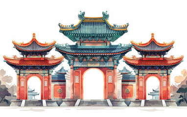 Fototapeta premium Chinese traditional ancient architecture art illustration