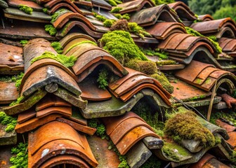 Discarded roof tiles stacked haphazardly, covered in dirt, moss, and lichen, with cracked and broken pieces scattered around, evoking a sense of neglect and decay.