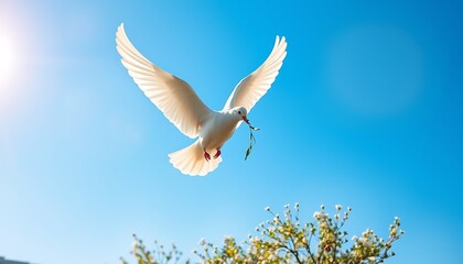 A majestic white dove, emblem of serenity and peaceful coexistence, majestically soars through a brilliant cerulean sky