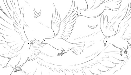 A majestic white dove, emblem of serenity and peaceful coexistence, majestically soars through a brilliant cerulean sky