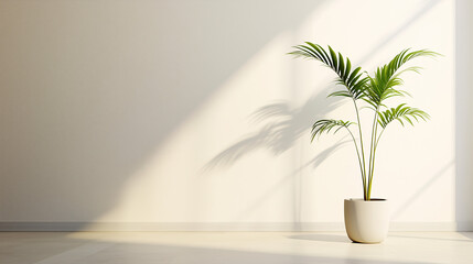 Fototapeta premium A tall, thin potted plant stands alone in a corner of a minimal room, with a focus on light, space, and simplicity
