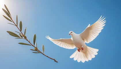 Obraz premium A white dove, symbolizing peace, soars through a clear blue sky, holding an olive branch in its beak. 