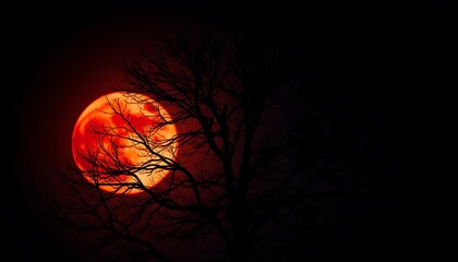 A lone, bare tree silhouetted against the blood-red moon during the peak of the lunar eclipse.