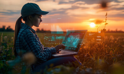 Fototapeta premium Modern agriculture technology with a person using a laptop to analyze data on sustainable farming practices at sunset in a vineyard design
