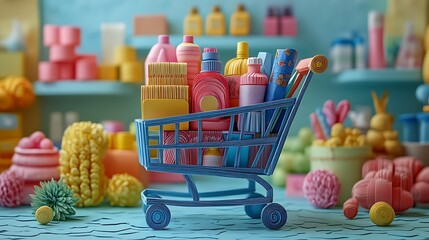 A Vibrant Paper Cut Shopping Cart Full of Colorful Goods in a Cheery Store Setting