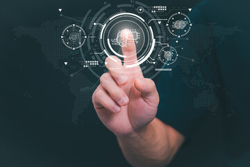The person showing AI technology that connects information to various systems, concepts,...