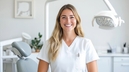 A friendly dental professional smiles confidently in modern clinic, showcasing welcoming atmosphere. bright environment and her professional attire create sense of trust and care