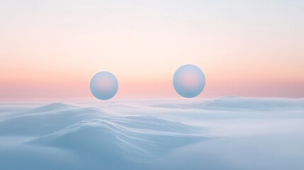 surreal landscape with floating spheres at sunrise, serene concept
