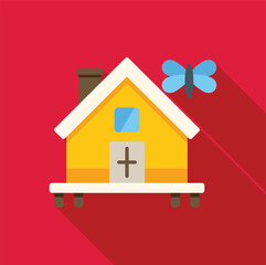 Minimalist illustration featuring a yellow countryside house standing on a red background with a blue butterfly