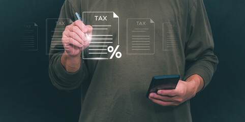 financial research government tax and calculation tax return concept Businessman showing holographic tax on hand Online tax return form filling concept for payment, online marketing, business process.