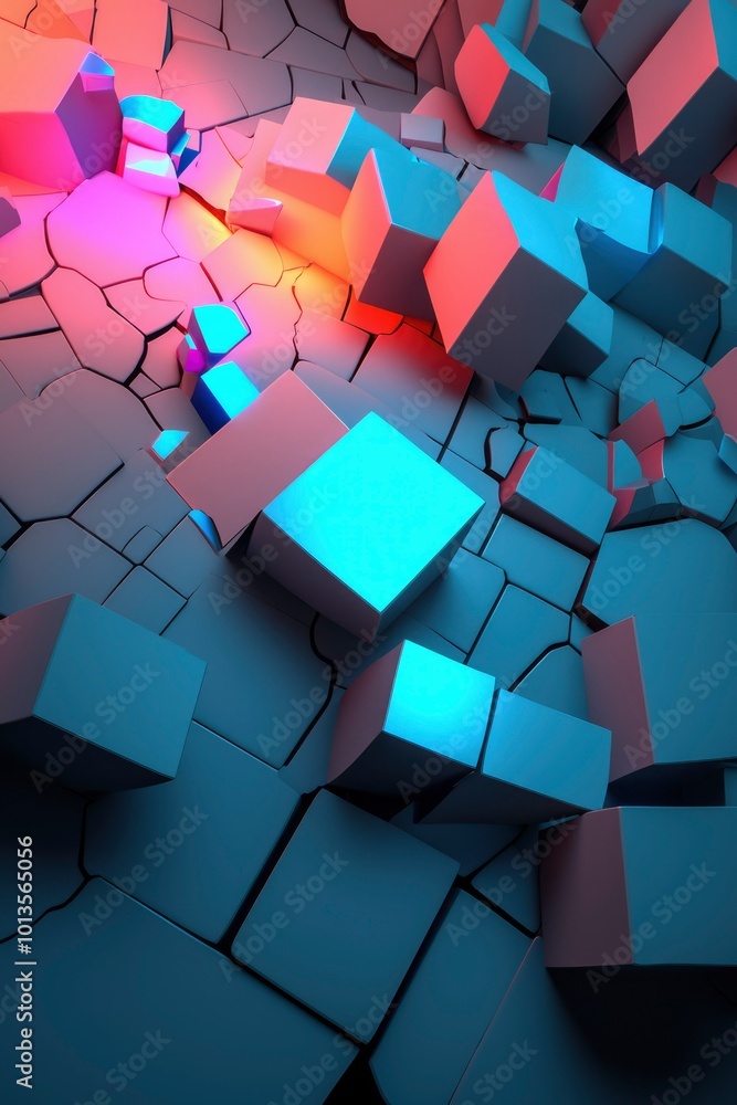 Poster abstract 3d rendering of geometric shapes with neon lighting