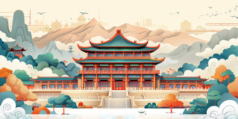 Chinese traditional ancient architecture art illustration