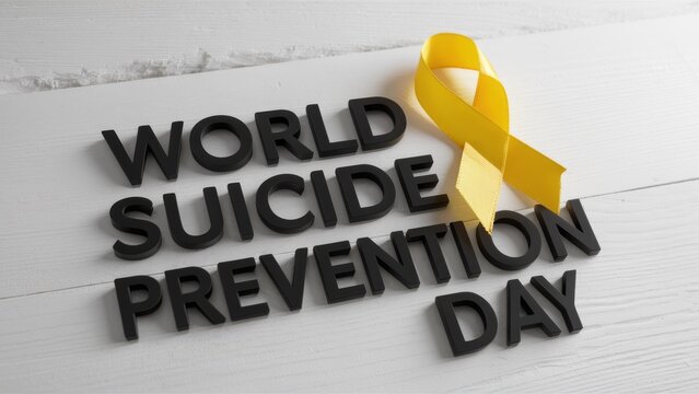 An awareness design featuring "World Suicide Prevention Day" alongside a symbolic yellow ribbon