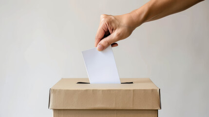 Casting Your Vote: A hand carefully places a ballot into a cardboard ballot box, symbolizing the democratic process and the power of individual choice.  