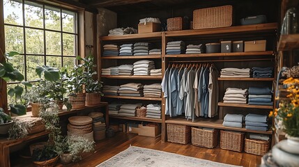Fototapeta premium A Beautifully Organized Closet with Neatly Folded Linens, Shelves, and Lovely Greenery Outside
