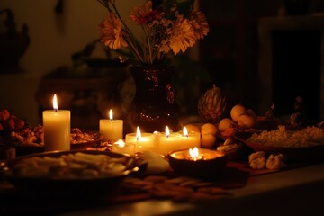 An ofrenda with candles, incense, and favorite foods. 