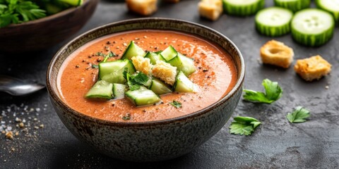 Refreshing Gazpacho Served in a Bowl with Fresh Vegetables and Herbs on a Colorful Table