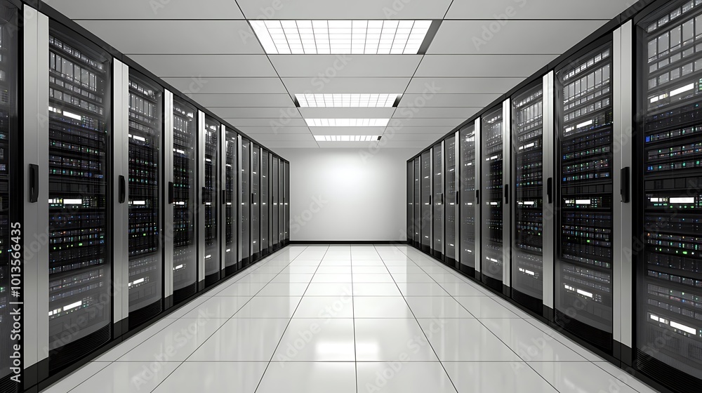 Poster A long, white-tiled hallway in a server room lined with rows of black server racks.