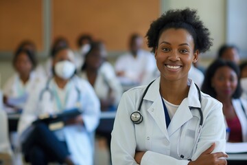 African American female doctor stands confidently in front of classroom. Instructor, presenter, leader. Students attend seminar, conference, workshop. Doctor wears white lab coat, clipboard. Students