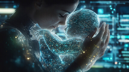 Fototapeta premium Digital Baby In Mother's Arms - AI, Artificial Intelligence, Cyborg Child, Future Technology, Science Fiction, Neon, Blue, Humanoid