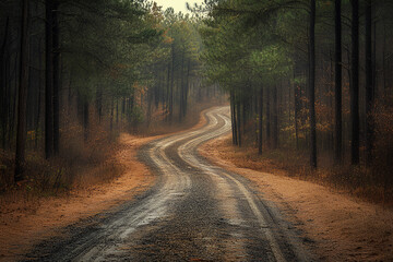 Obraz premium Gravel road in pine forest, rustic and rural charm