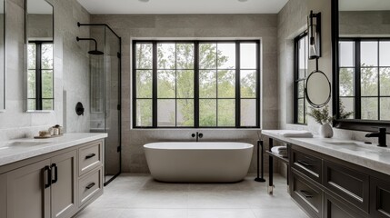 Clean, neutral colored, yet masculine bathroom, interior, apartment, design, house, luxury, modern, light, home, white, sink, room, floor, wall, bath