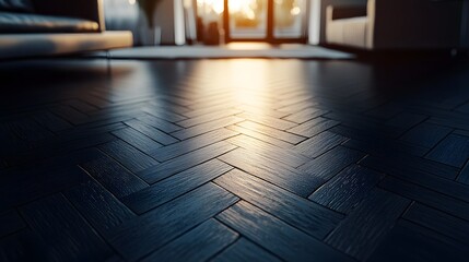 A low-angle view of a black hardwood floor with a herringbone pattern showcases a modern living room's sleek texture and glossy finish, a sophisticated and luxurious ambiance with dramatic lighting.