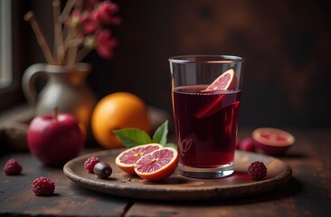 Mulled wine in a red mug on a tray, with a stick of cinnamon and cloves, against the background of a Christmas tree with blurred lights. A cozy homely holiday atmosphere.