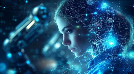 Fototapeta premium Robotics Engineer Manufacturing Motion Control Robotics engineer assembling a robotic arm, glowing holographic blueprint overlay, futuristic workshop, neon blue, no face, 3D render