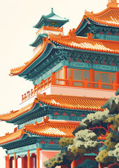 Obraz premium Chinese traditional ancient architecture art illustration