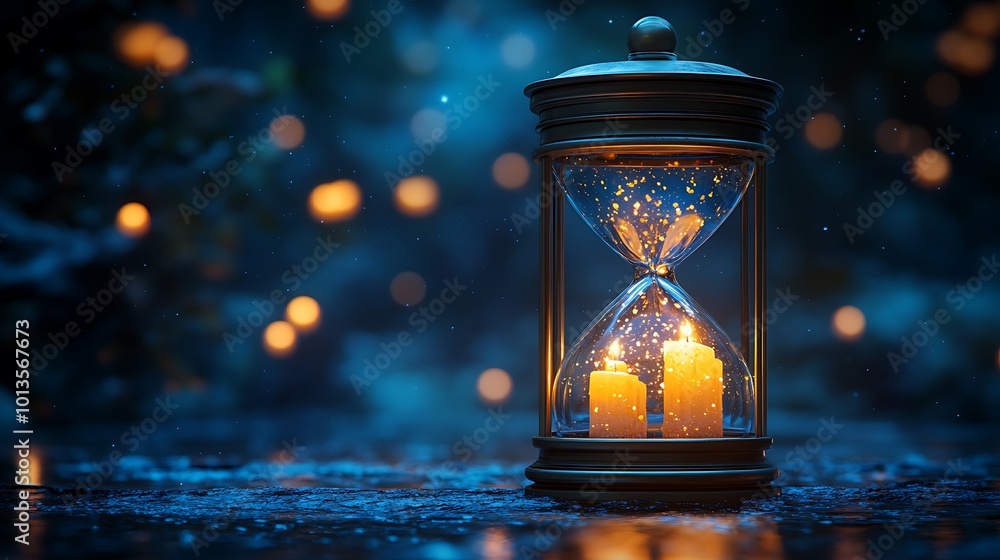 Poster an hourglass with two lit candles in front of a dark, blurred background of bokeh lights.