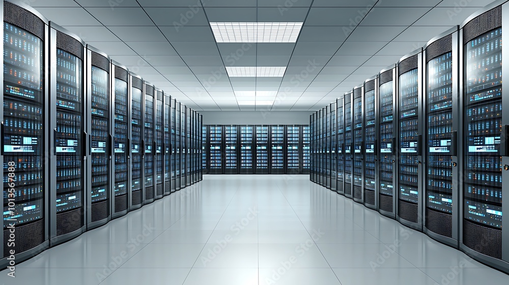 Poster A long hallway in a server room with rows of black server racks.