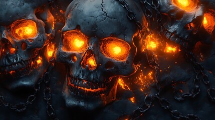 Chained Skulls with Fiery Glows: A Haunting Glimpse into the Depths of Darkness and Fear