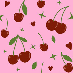 Seamless pattern of doodle hand drawn cherry fruit with leaves and hearts on pink background. Cute sweet berries allover background