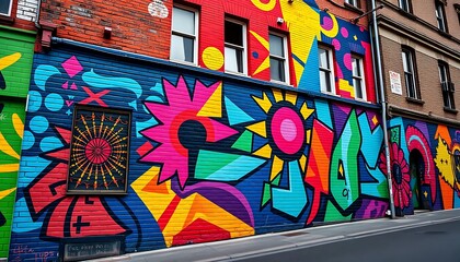 A vivid stock photo of a colorful street mural on the side of a building. 
