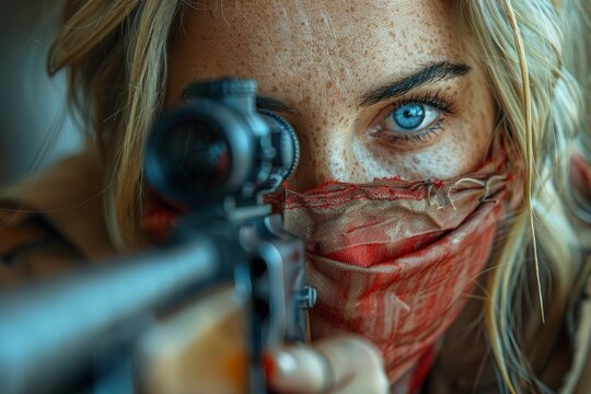 Blonde woman in red bandana and leather outfit holds shotgun during indoor bank heist