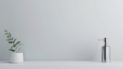 Clean and empty bathroom counter with a single metallic soap dispenser, emphasizing simplicity and functionality in the design