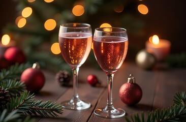 Two glasses of champagne In a cozy homely atmosphere on a wooden table against the background of a Christmas tree with blurred lights. Atmospheric, New Year's mood.