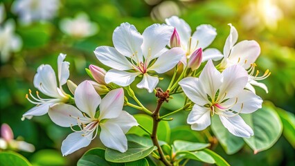 Delicate white blooms with five petals and subtle pink centers adorn the branches of a dwarf white bauhinia shrub against a soft, blurred green background.