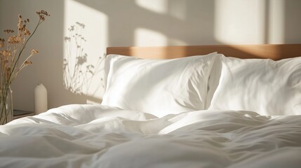 White duvet cover on a bed, close-up.